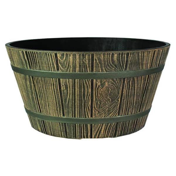 Unbranded Container Height 16 in. and Width 16 in. Indoor Outdoor Aged Wooden Oak Round Whiskey Barrel Planter, Plastic