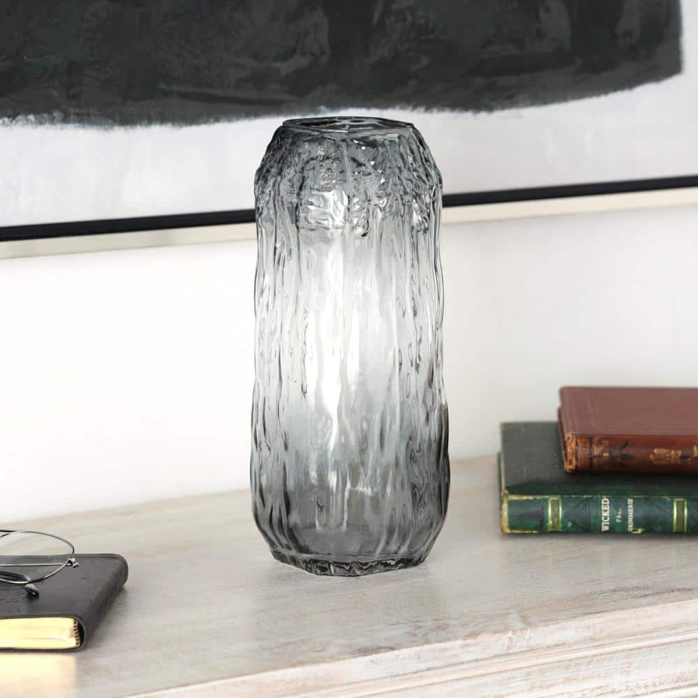 Litton Lane 11 in. Gray Handmade Abstract Textured Rectangular Ombre Glass Decorative Vase