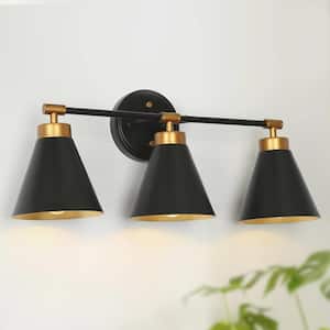 Modern Bathroom Cone Vanity Light 22.4 in. 3-Light Black and Antique Gold Powder Room Wall Sconce with Metal Shades
