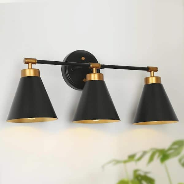 Uolfin Modern Bathroom Cone Vanity Light 22.4 in. 3-Light Black and ...