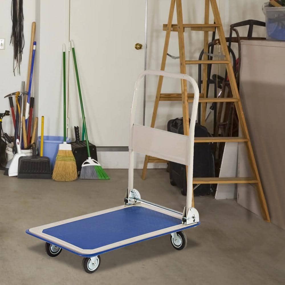Heavy-Duty Blue Steel Folding Platform Hand Truck with 4 Wheels