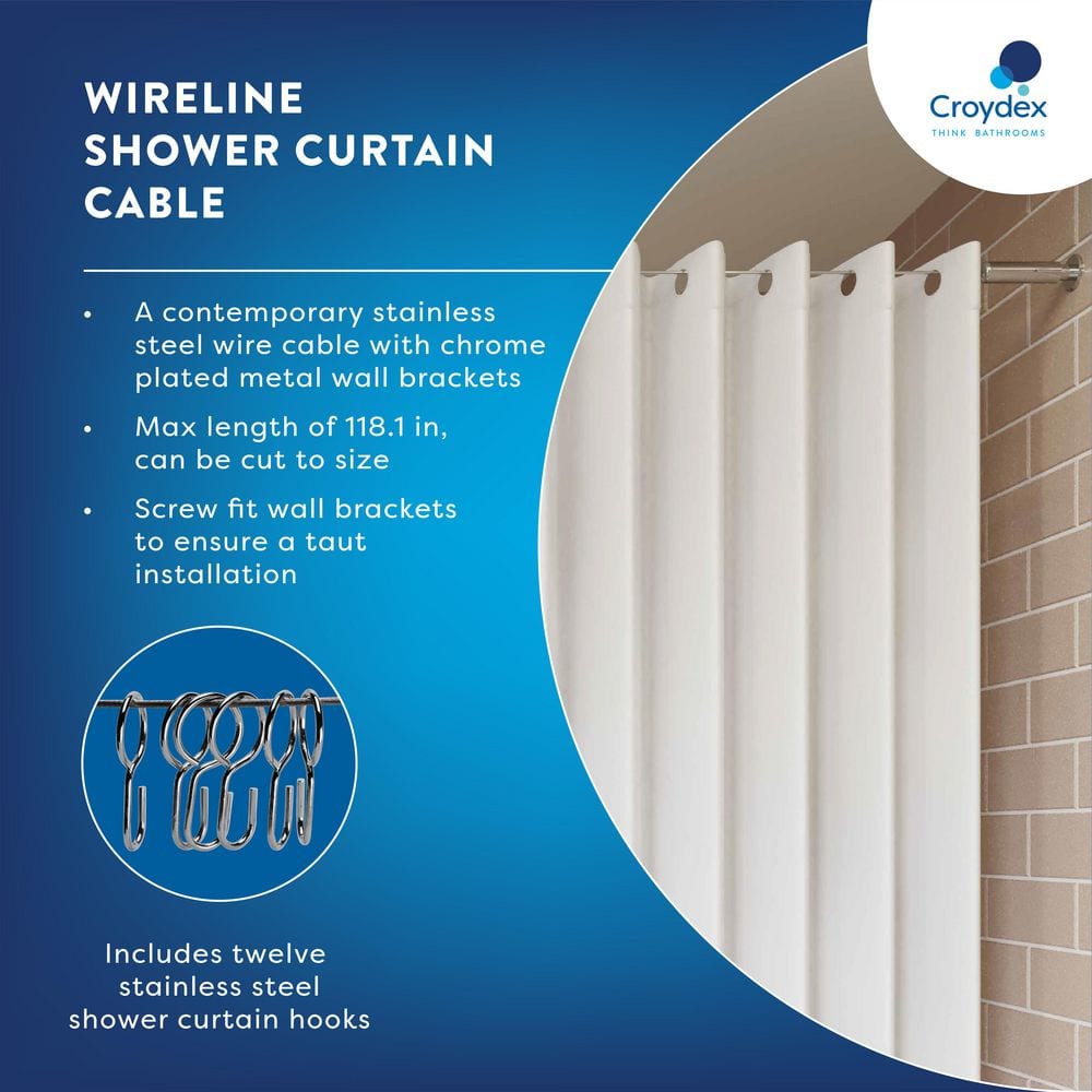 Ultra-Slim 118'' Chrome Stainless Steel Shower Curtain Cable