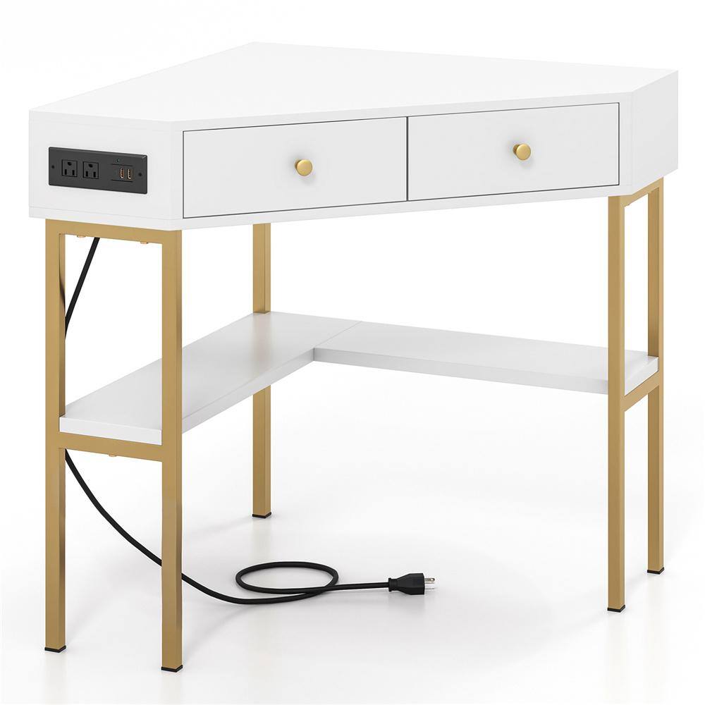 39.5 in. White 2-Drawers Corner Computer Desk Writing Workstation Study Desk
