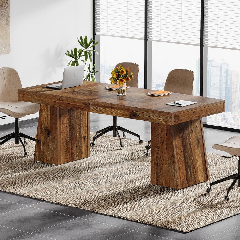 Moronia 55.1 in. Rectangle Distressed Brown Wood Desk with Thick Tabletop and Double Trapezoidal Legs, Wood Seminar Desk