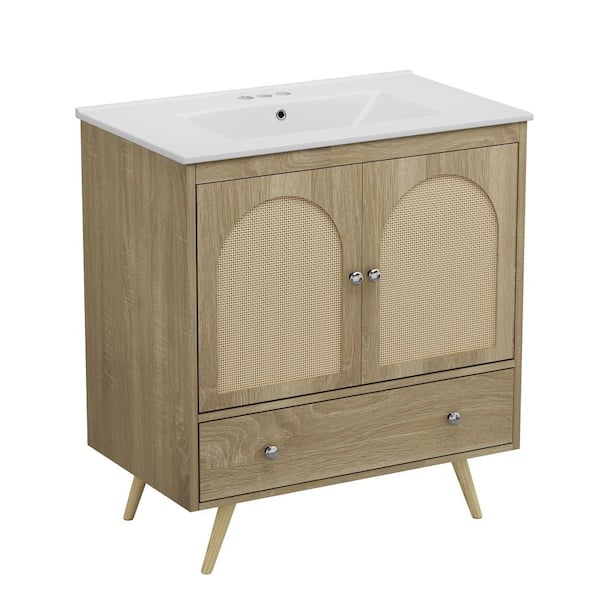30 in. Freestanding Oak Bath Vanity with White Ceramic Top Unassembled, Open-Front Boho Design for Farmhouse