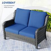 Mercury Gray 6-Piece Wicker Patio Rectangle Fire Pit Conversation Seating Set with Navy Blue Cushions