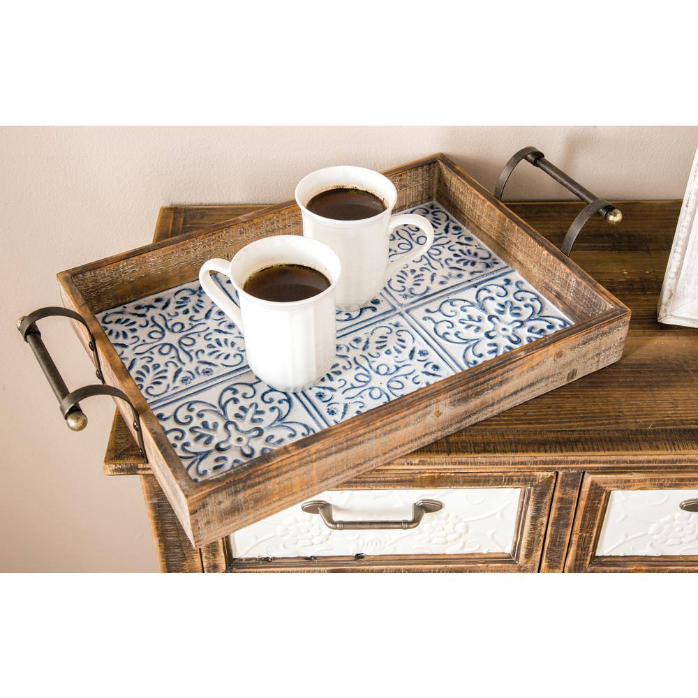 Farmhouse Brown Wood Serving Tray Set with Tile Patterns, 2 Pieces