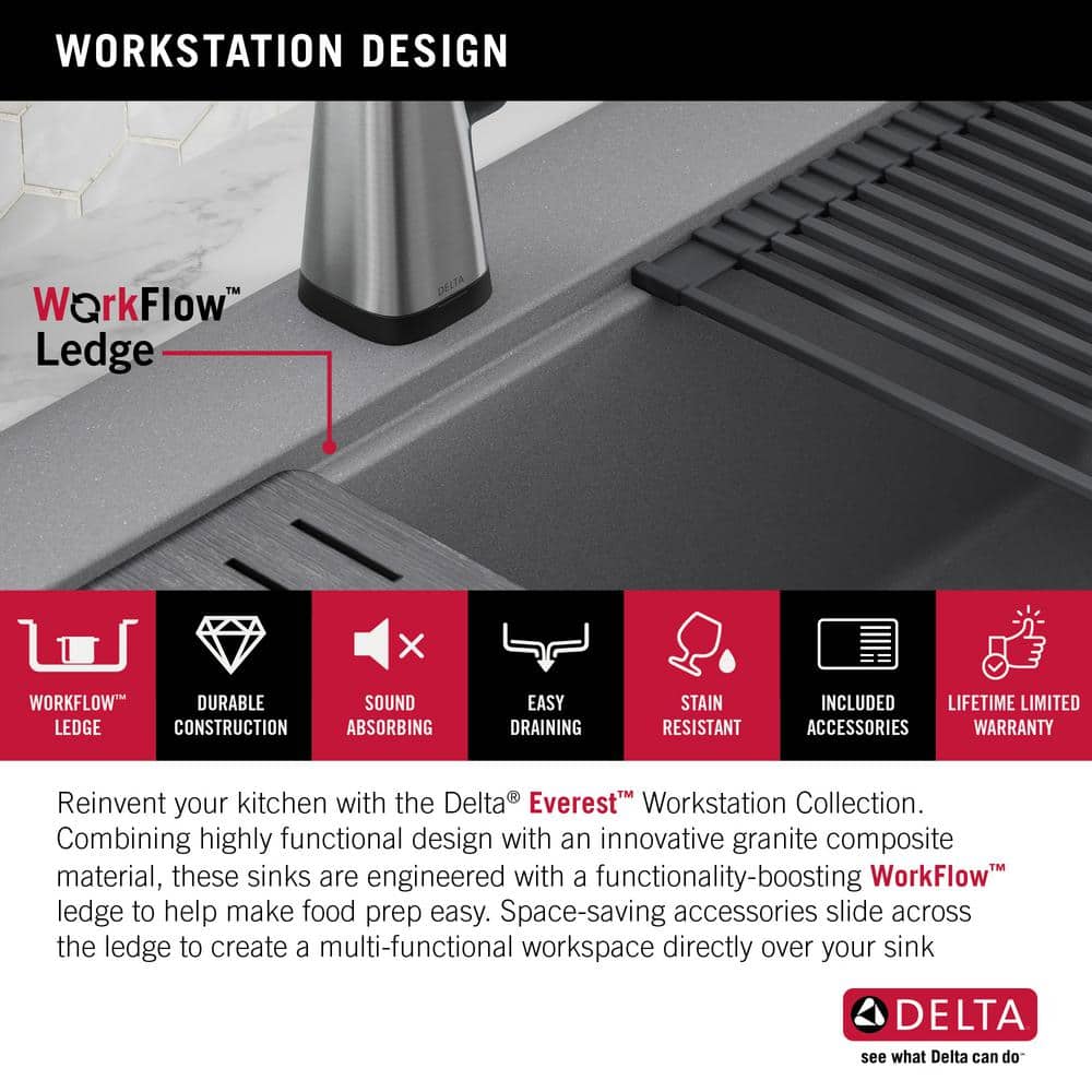 Delta Everest 30" Gray Granite Composite Single Bowl Workstation Sink