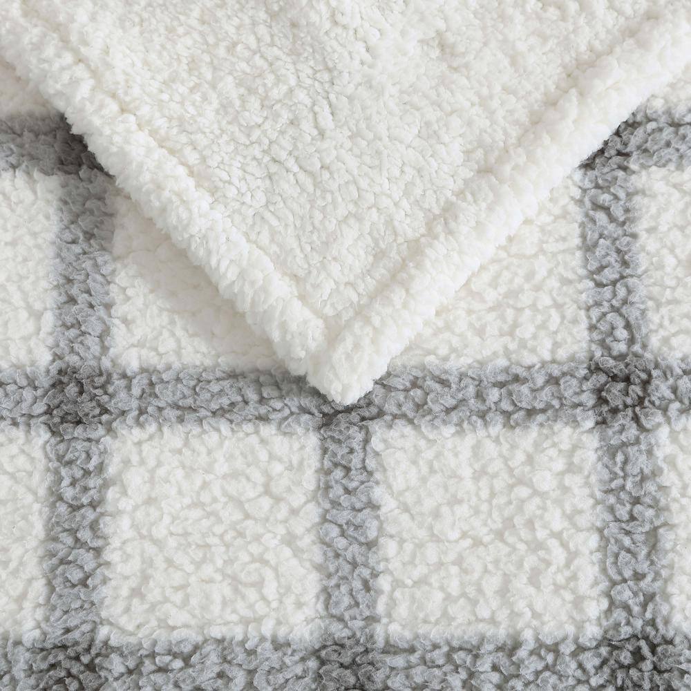 Gray and White Plaid Reversible Sherpa Throw Blanket