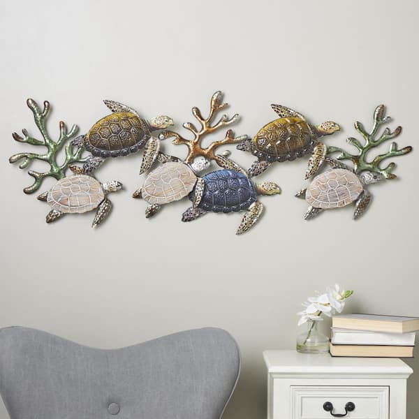 Litton Lane 49 in. x 18 in. Metal Bronze Hammered Turtle Wall Decor with Wood Accents