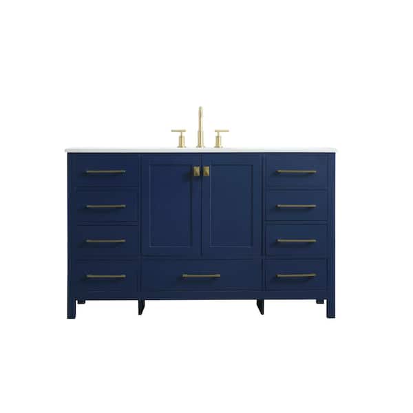 54 in. W x 22 in. D x 34 in. H Bath Vanity in Blue with Calacatta White Engineered Marble Top