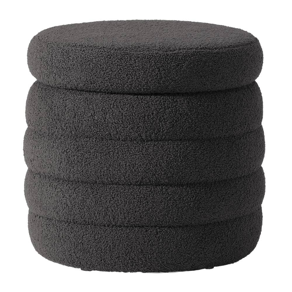 Bayville Modern 16" Tall Sherpa Tufted Round Storage Ottoman in Charcoal Gray