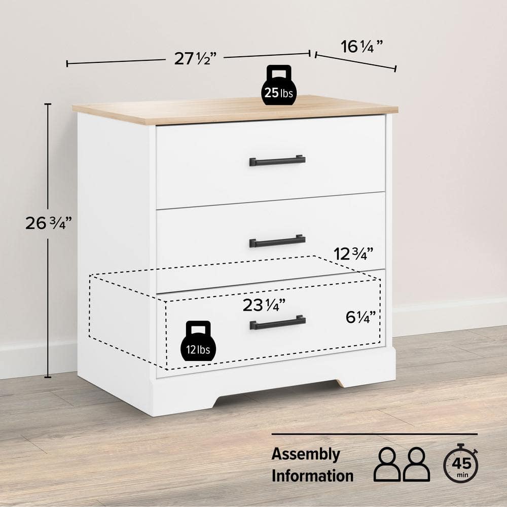 White and Oak 3-Drawer Farmhouse Nightstand