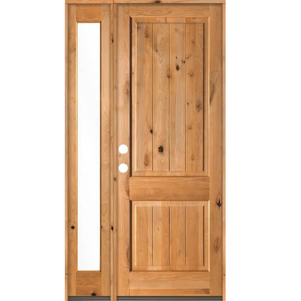 Krosswood Doors 50 in. x 96 in. Rustic Knotty Alder Sidelite 2 Panel Right-Hand/Inswing Clear Glass Clear Stain Wood Prehung Front Door