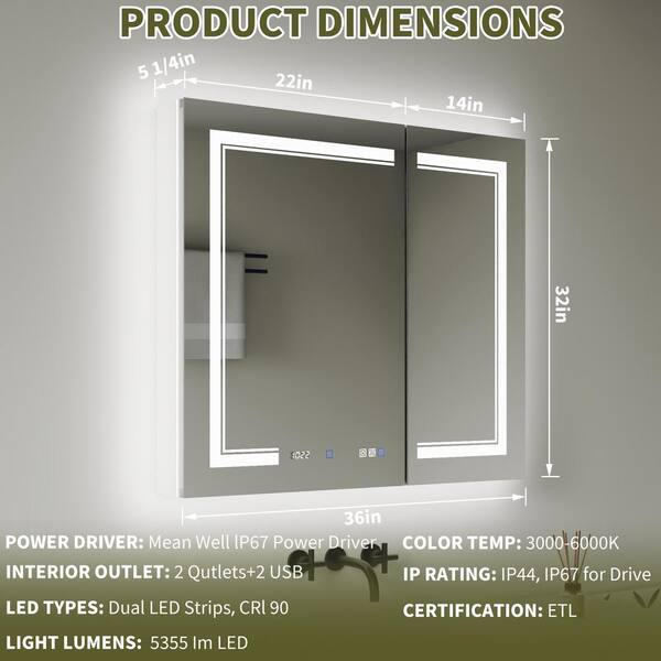 GroGro Delux2 40 in. W x 32 in. H Rectangular Recessed/Surface Mount Medicine Cabinet with Mirror, Backlit and Front Light