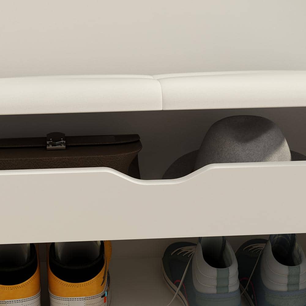 White MDF Shoe Storage Bench with Cushion and Open Shelves