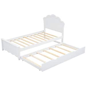 White Wood Frame Twin Size Platform Bed with Twin Size Trundle and Headboard