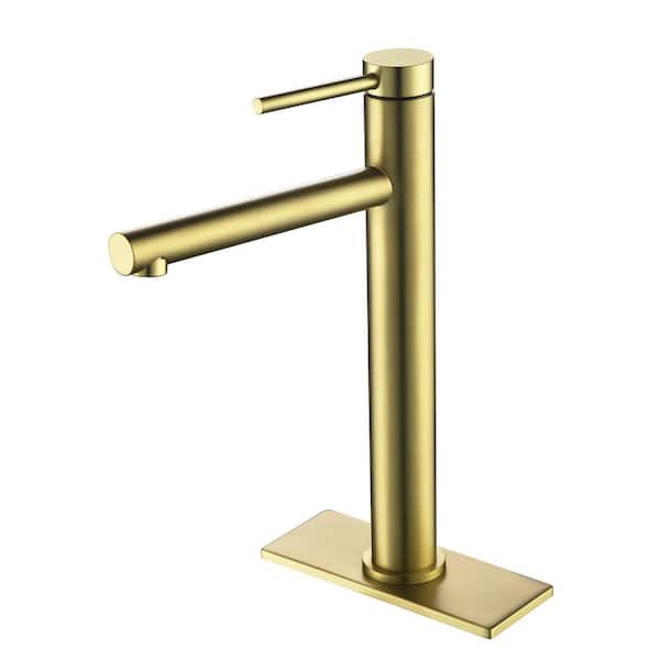 Single Handle Bathroom Vessel Sink Faucet with Deck Plate Brass Single Hole High Tall Bathroom Faucet in Brushed Gold