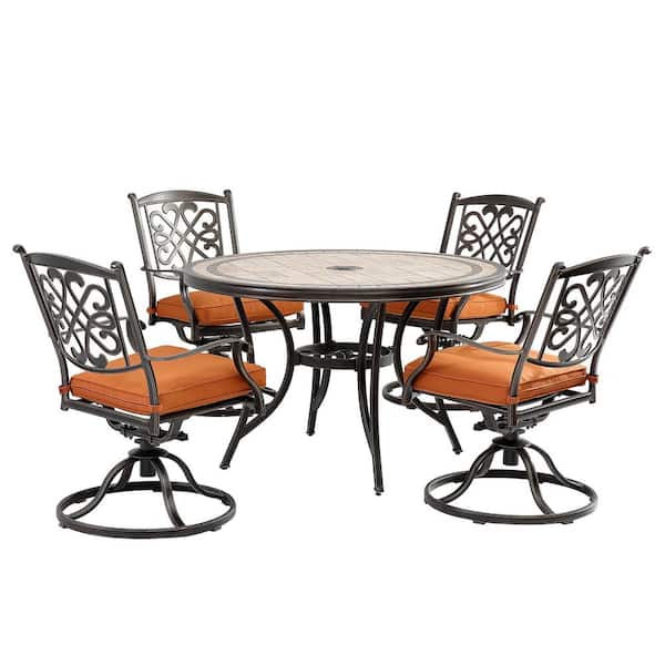 Mondawe Charcoal Gray 5-Pieces Cast Aluminum Round Outdoor Dining Set and Backrest Swivel Chairs with Orange Cushions
