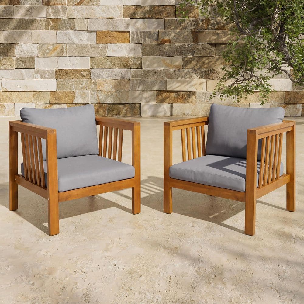 Outdoor Wood Club Chair with Grey Cushion, Patio Chair Adjustable Leveling Feet for Poolside Backyard & Deck(2-Pack) price history on PriceWatchPro