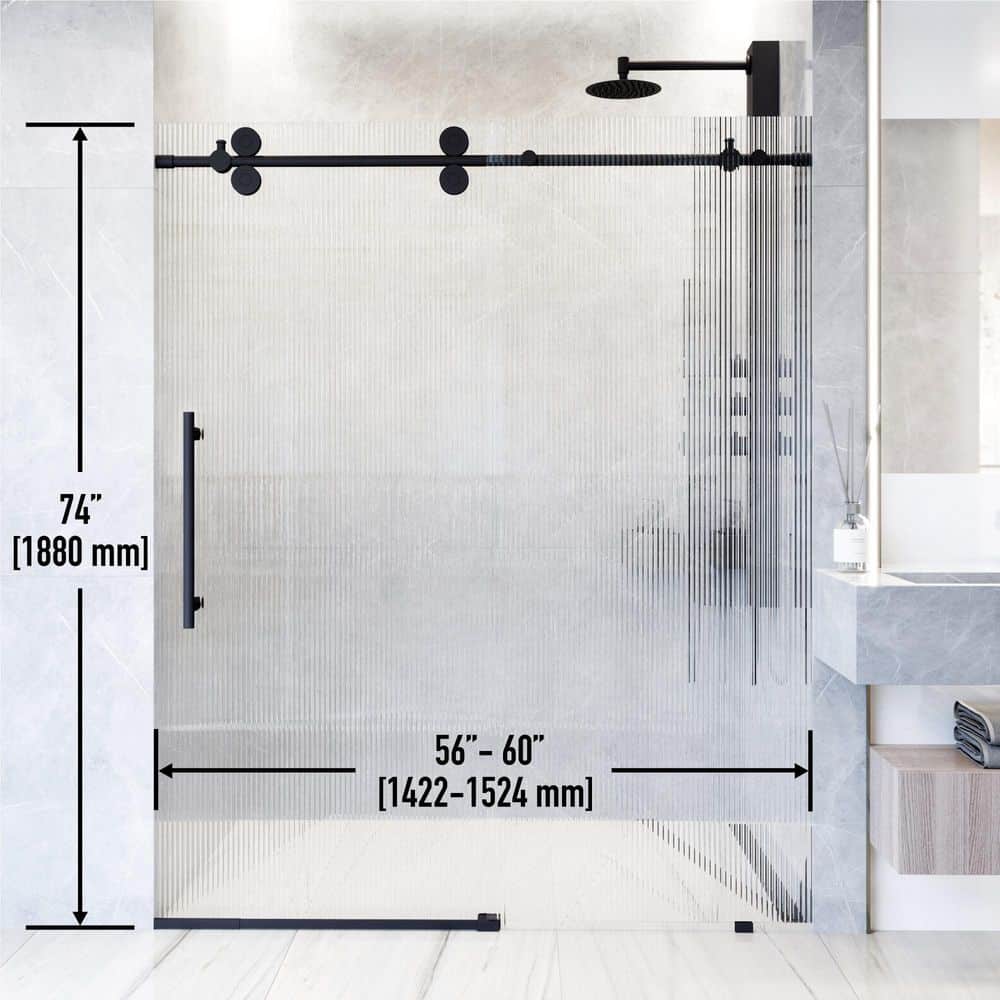 Elan Matte Black Frameless Sliding Shower Door with Fluted Glass
