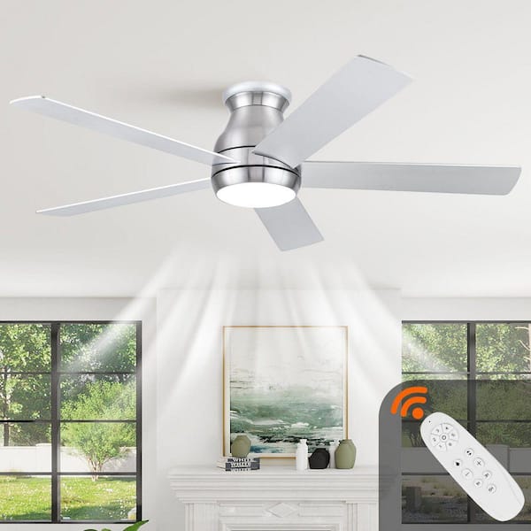 52 in. Brushed Nickel Low Profile Flush Mount Ceiling Fan with Silver Blades with Integrated LED Light with Remote