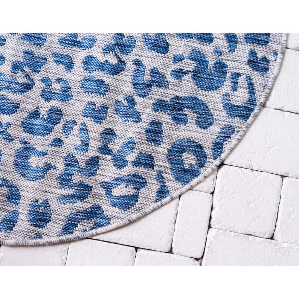 Round Blue Synthetic Outdoor Stain-Resistant Area Rug