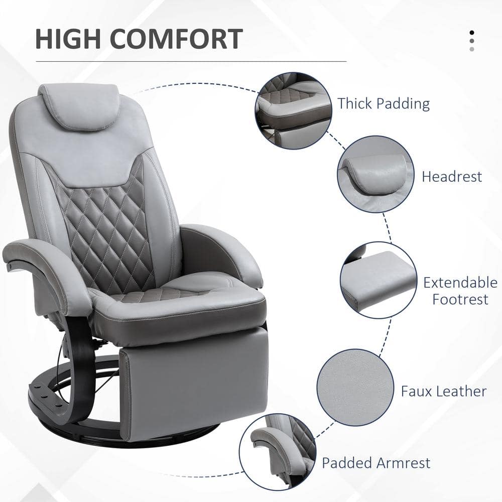 Gray Faux Leather Swivel Recliner with Footrest and Metal Base