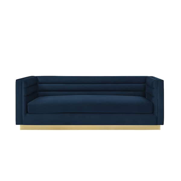 Inspired Home Annemarie 34in Width Square Arm Style Upholstered Velvet Tufted Straight in Shape 3-Seat Sofa in Blue