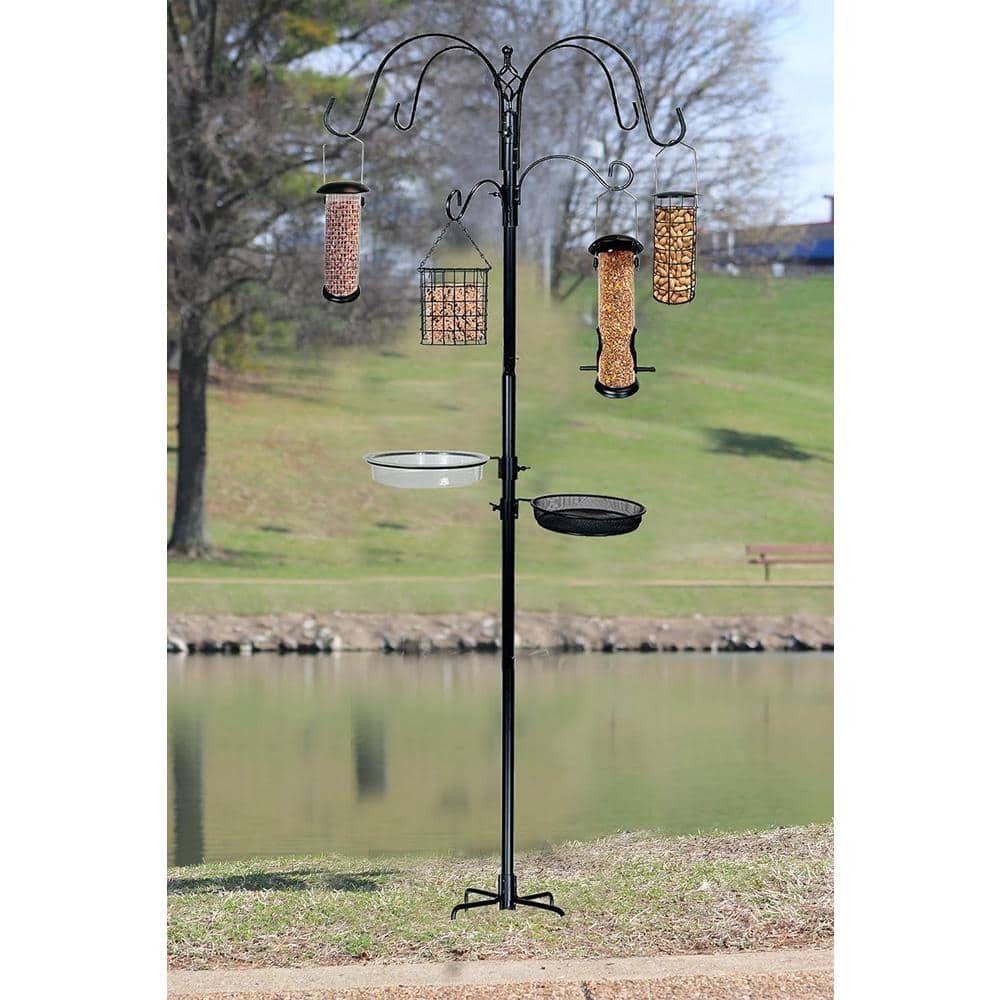 Black Metal Bird Feeding Station with 4 Feeders and Birdbath