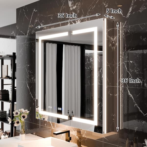 Xzkai 36 in. W x 36 in. H Rectangular LED Anti-Fog Medicine Cabinet with Mirror and USB Outlet, Nightlight