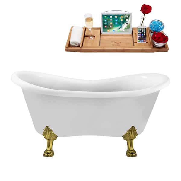 Streamline 62 in. Acrylic Clawfoot Non-Whirlpool Bathtub in Glossy White With Brushed Gold Clawfeet And Brushed Gold Drain
