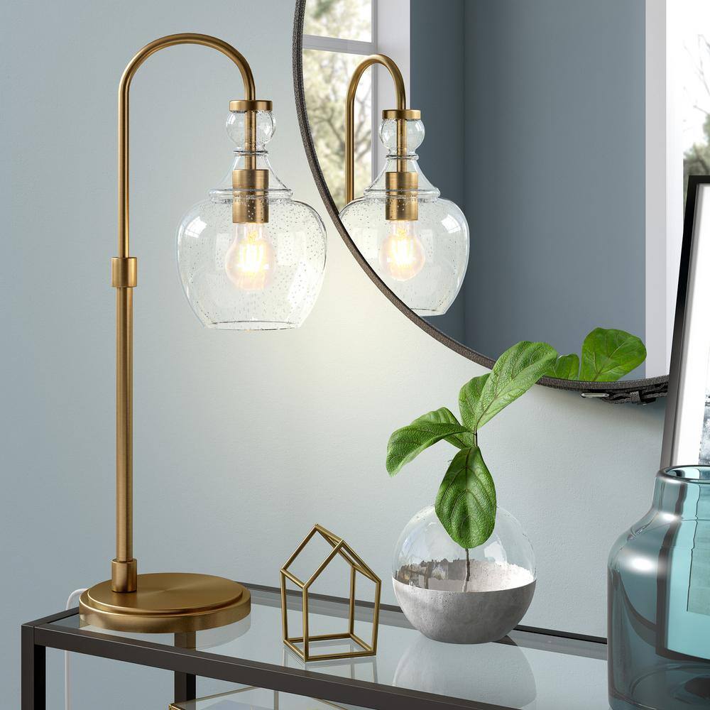 Verona Brushed Brass Arc Table Lamp with Seeded Glass Shade