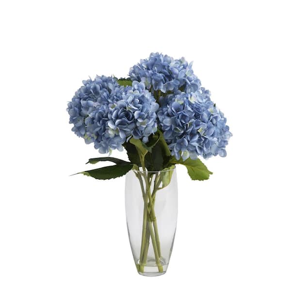 D&W Silks Indoor Artificial Hydrangeas in Glass Vase