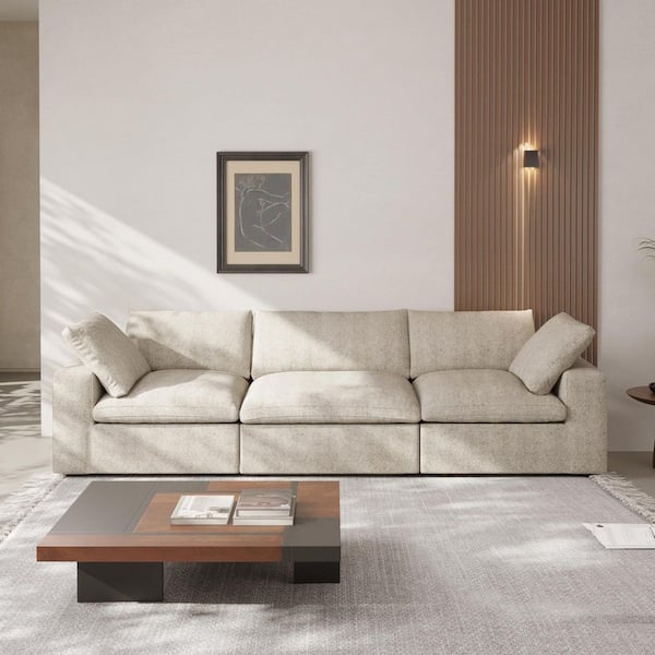 J&E Home 120 in. Square Arm 3-piece Linen Free Combination Sectional Sofa Couch with Removable Cover in. Brown 3-Seater