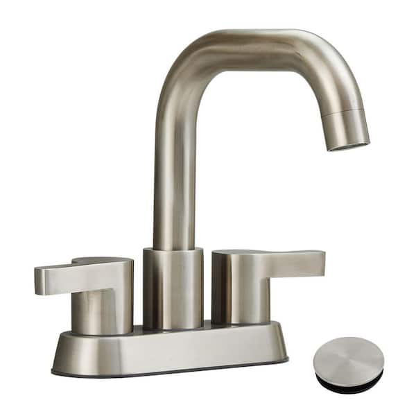 4 in. Centerset Double Handle High Arc Bathroom Sink Faucet with Pop-Up Drain and Supply Lines in Brushed Nickel