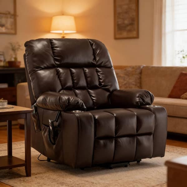 Wine Red Large Size PU Leather Power Lift Recliner Chair with 2 Pockets and 2 Cup Holders