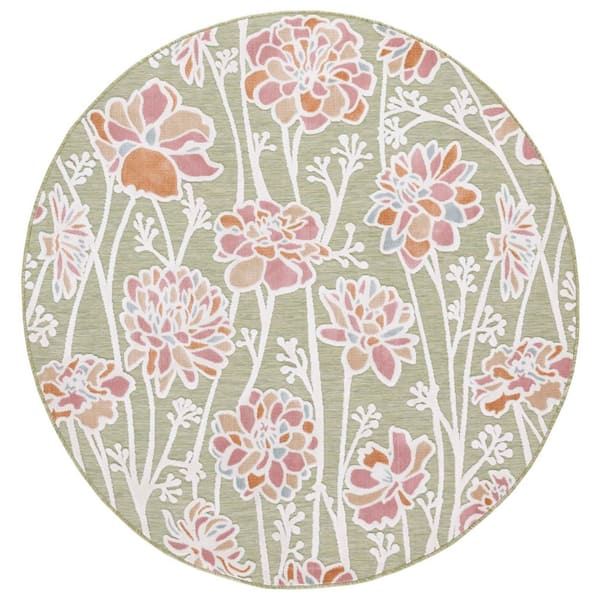 Cabana Green/Pink 6 ft. x 6 ft. High-Low Floral Abstract Indoor/Outdoor Round Area Rug