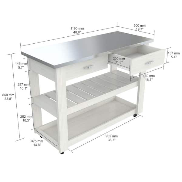 Inval White 46.8 in. x 33.8 in. x 19.7 in. Kitchen Utility Cart with Stainless Steel Top