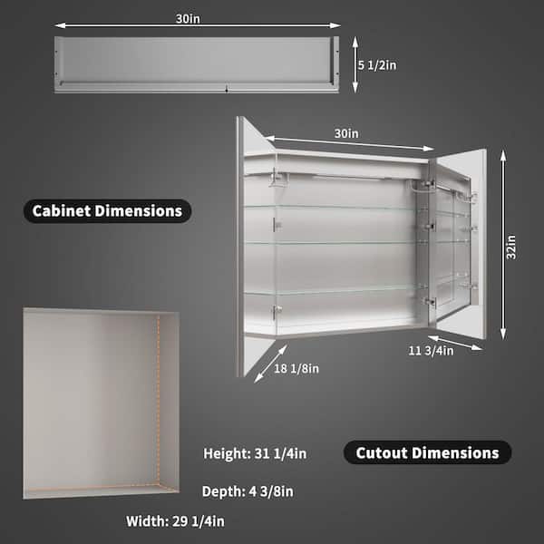 30 in. W x 32 in. H Rectangular Silver Aluminum Recessed or Surface Mount Medicine Cabinet with Mirror LED