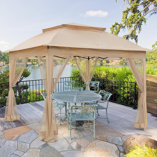 COOS BAY 11 ft. x 11 ft. Khaki Steel Pop-Up Gazebo with Mosquito Netting