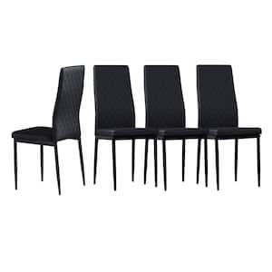 Black Modern Leather Upholstered Diamond Grid Pattern Dining Chair with Metal Legs (Set of 4)