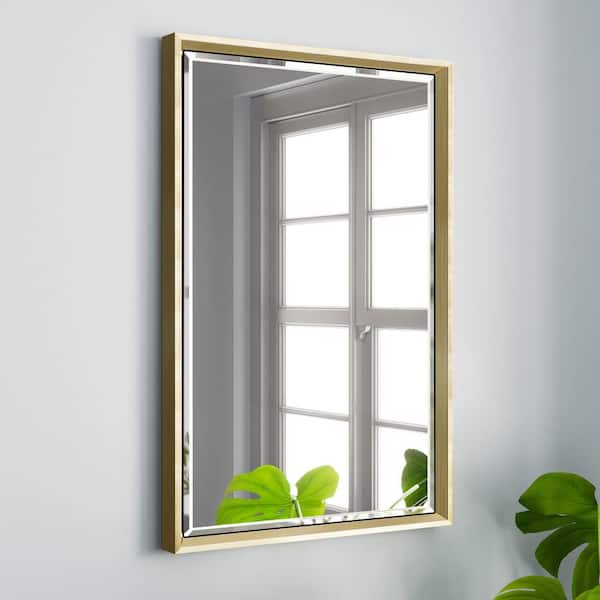 OnaBella 16 in. W x 24in. H Rectangular Aluminum Thin Framed Wall Mount Beveled Bathroom Vanity Mirror in Gold