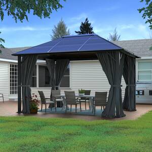 12 ft. W x 10 ft. L x 8.7 ft. H Aluminum Hardtop Gazebo with Grey Curtains and Netting