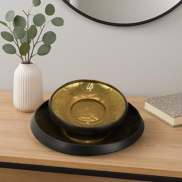 Rema Black and Gold Round Ceramic 17.75 in. Decorative Bowl (Set of 2)