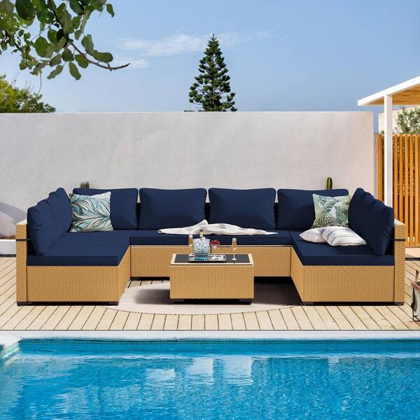 PATIO WATCHER 9-Piece Beige Wicker Patio Conversation Set with Navy Blue Cushions and Coffee Table
