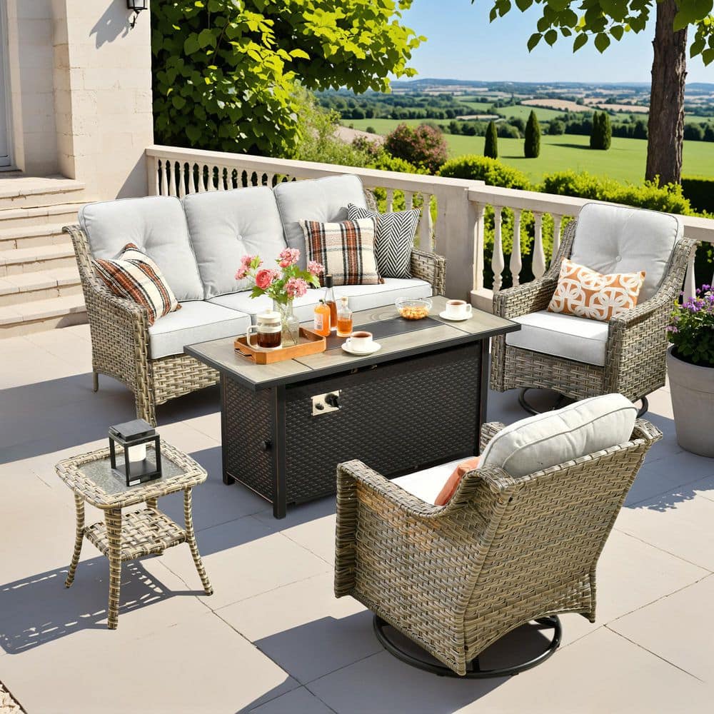 Blanche 5-Piece Wicker Patio Rectangular Fire Pit Set with Light Gray Cushions and Swivel Rocking Chairs price history on PriceWatchPro
