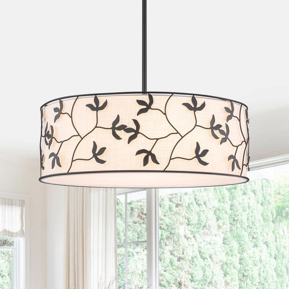 23.62 in. 5-Light Matte Black Drum Pendant Light with White Linen Fabric Shade, Hanging Chandelier for Dining Room price history on PriceWatchPro