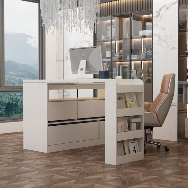 FUFU&GAGA 47.2 in. L-Shaped White Wood Computer Desk Writing Desk Table Office Workstation W/Moveable Tabletop, Shelves, Drawers