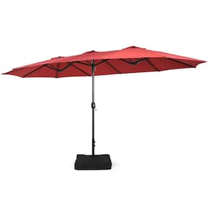 15 ft. Double-Sided Twin Metal Market Patio Umbrella with Crank and Base in Wine